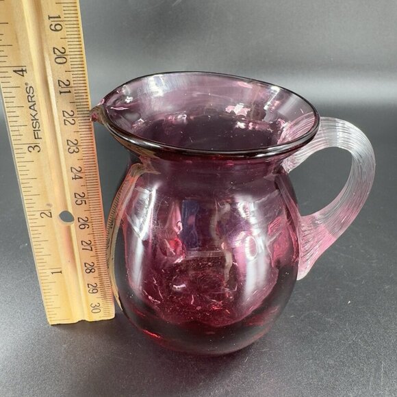 Vintage Pilgrim Glass Cranberry Small Pitcher Creamer With Clear Handle Glass - Picture 4 of 11
